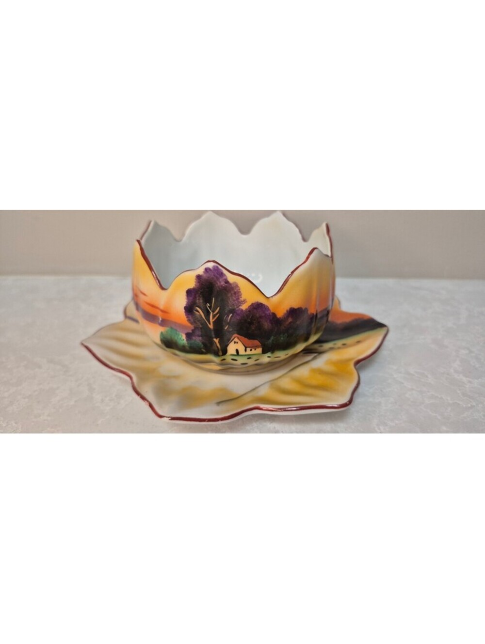 Vintage Hand-Painted Japanese Porcelain Bowl & Leaf-Shaped Underplate